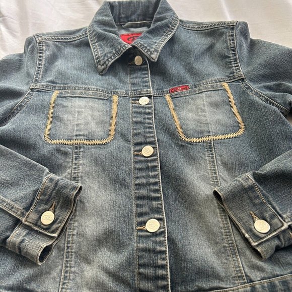 Strom Jeans Denim Jacket Distressed Collared Button Petite M - READ - Picture 4 of 8